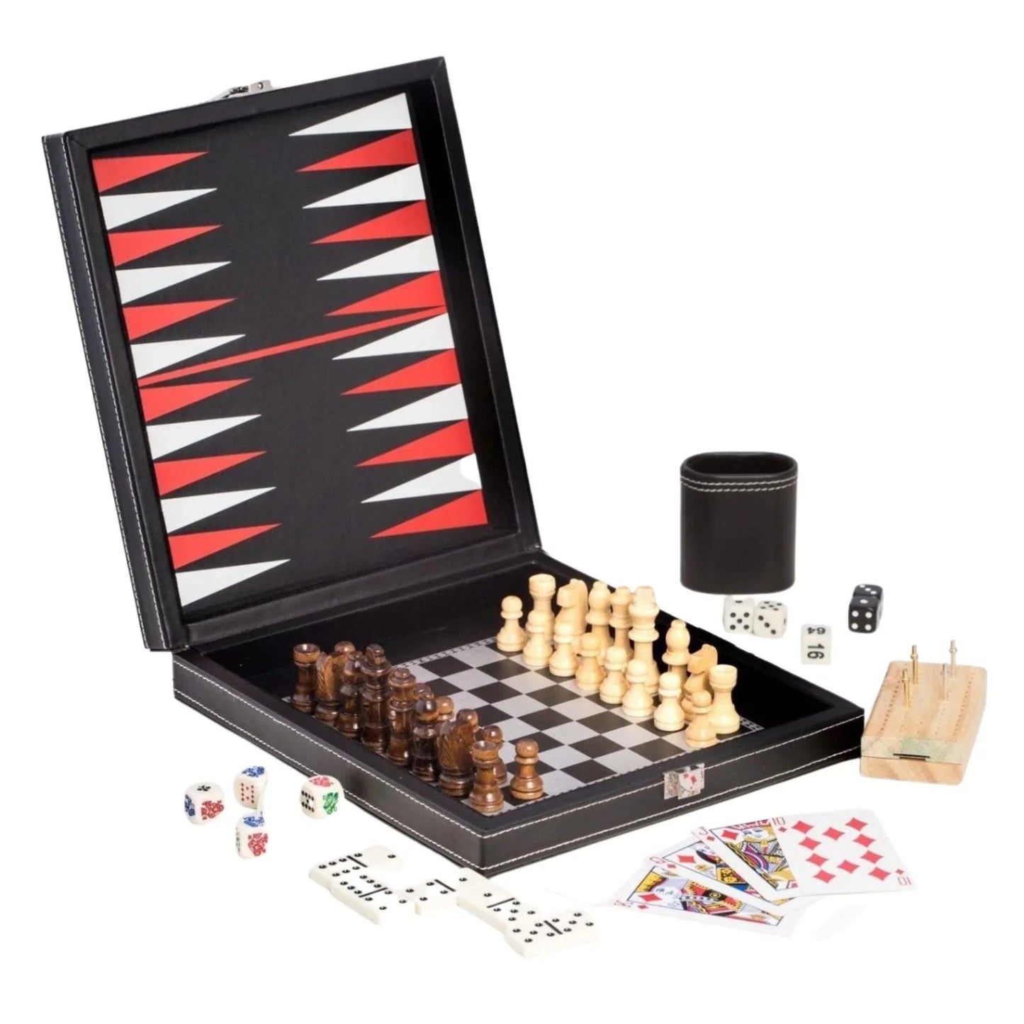 5-in-1 Multi-Game Set in Black Leatherette Case